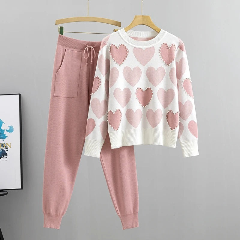 WOLFF | Bequemes Pyjama-Set Aus Strick Mit Herz-Print