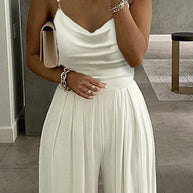 WW | Glänzender Cowl Neck Einfach Plissierter Gerader Jumpsuit