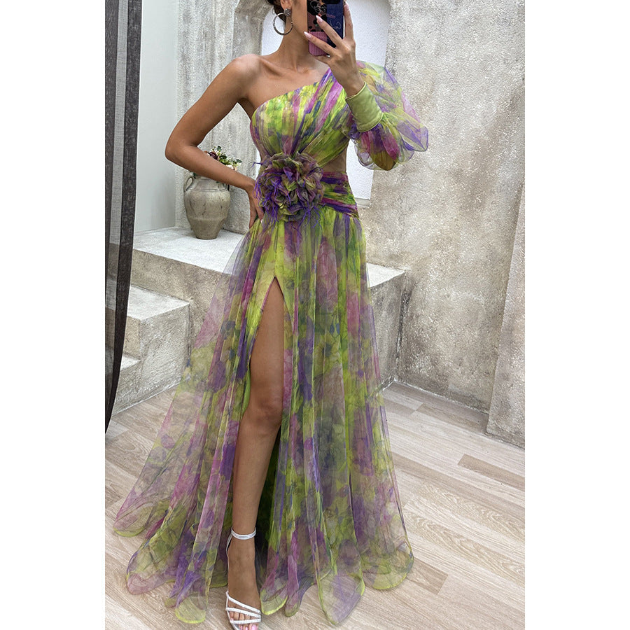 WW | Off Shoulder Kleid Mit Schlitz Und Batik Muster Für Damen