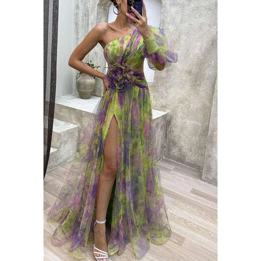 WW | Long party dress with off-the-shoulder, split print.