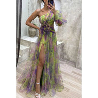 WW | Long party dress with off-the-shoulder, split print.
