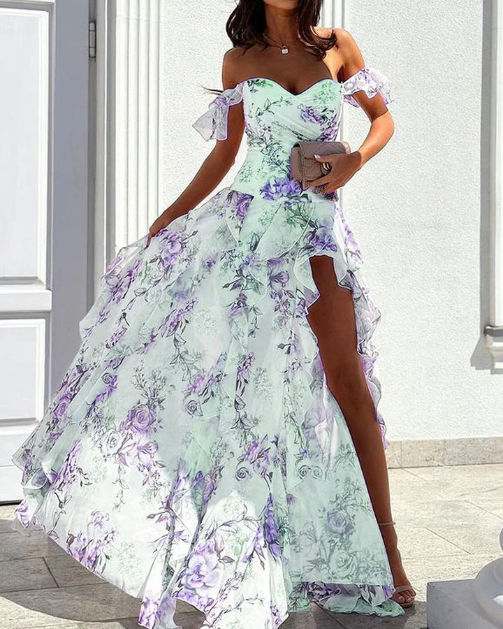 Damen-Maxikleid mit Blumenmuster, V-Ausschnitt und hoher Seitenschlitz