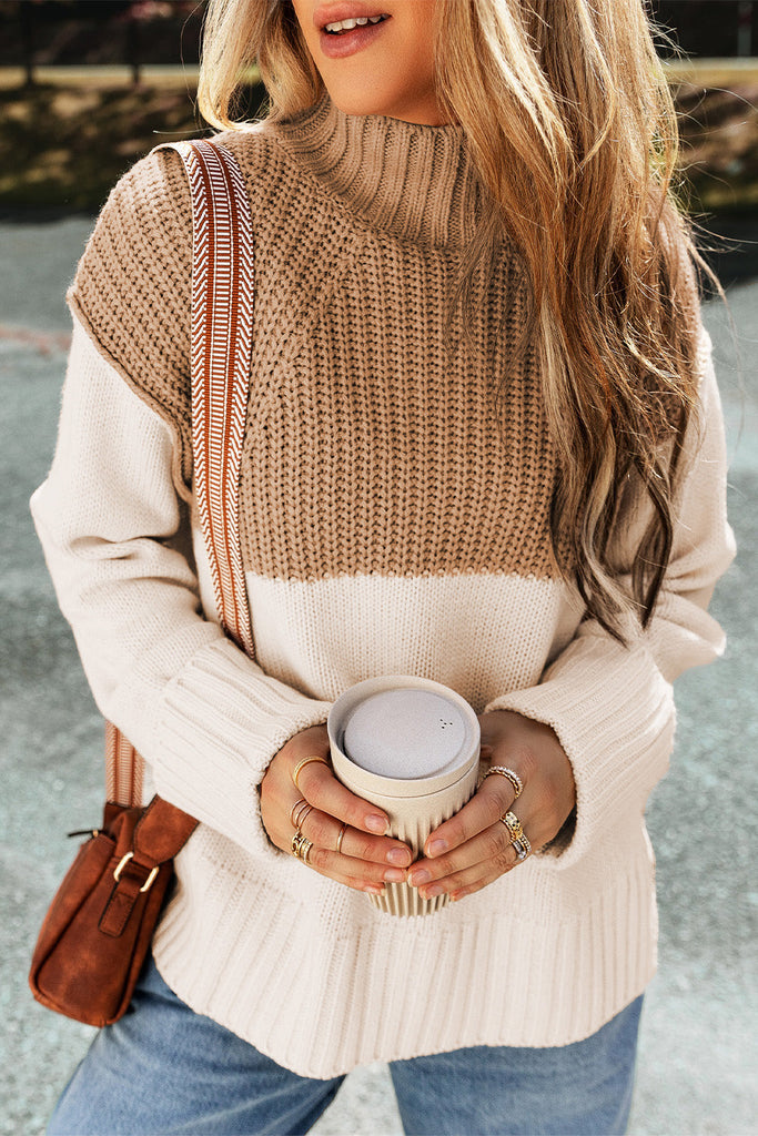 WW | Schicker Herbst Farbblock Camel Pullover mit Schlitz für Frauen