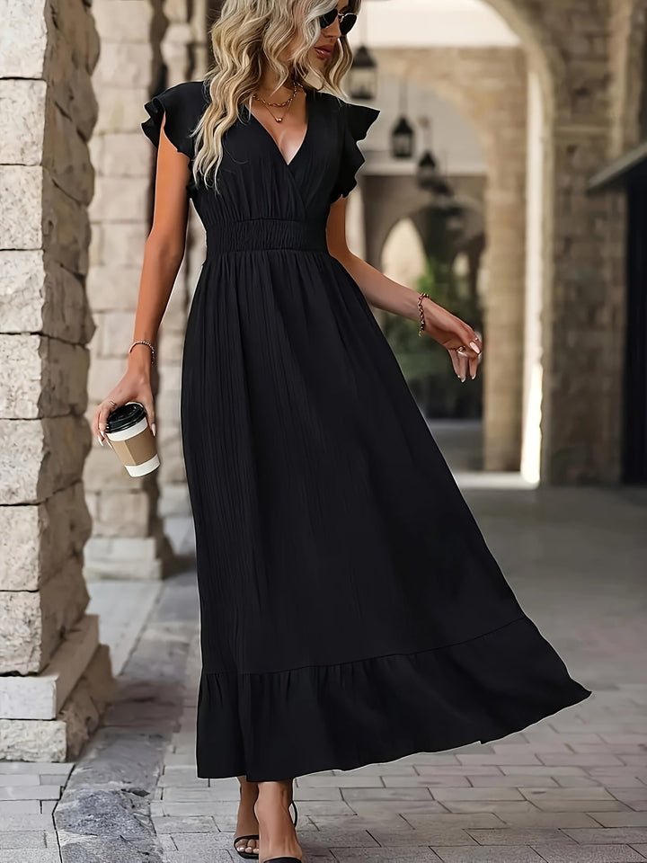 Elegantes Kleid mit V-Ausschnitt, hoher Taille und Rüschenärmeln