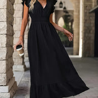 WW | Solid Color Dress with Round Neckline and Ruffles – Elegant Choice for Any Occasion