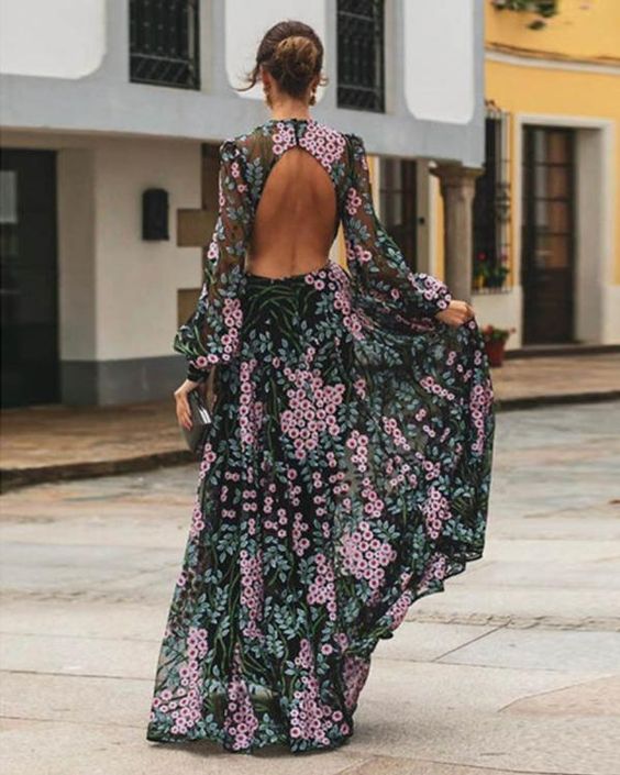 WW | Jahrgang Blumen Rückenfreies Maxikleid