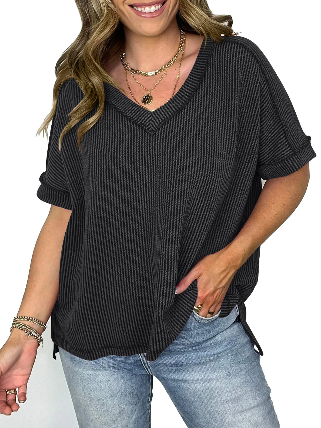 WW | Cord-Ripp V-Ausschnitt Kurzarm T-Shirt