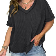 WW | Cord-Ripp V-Ausschnitt Kurzarm T-Shirt