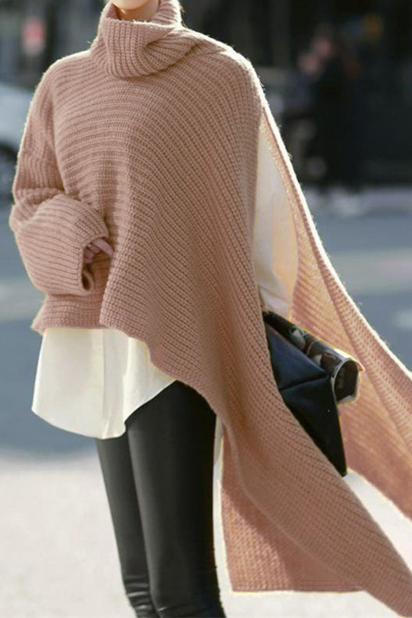 WW | Landyn Mode Reines Farb Hohe Hals Unregelmäßiger Pullover
