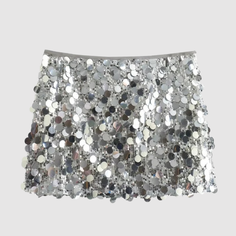 WW | Damen Pailletten Rock Silber Kurz