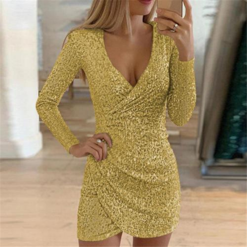 WW | Damen Pailletten Wickelkleid Mini