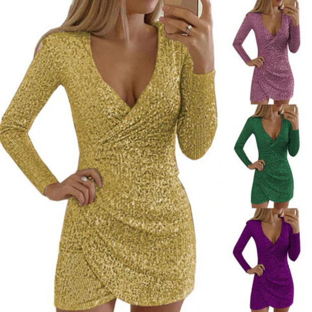 WW | Damen Pailletten Wickelkleid Mini