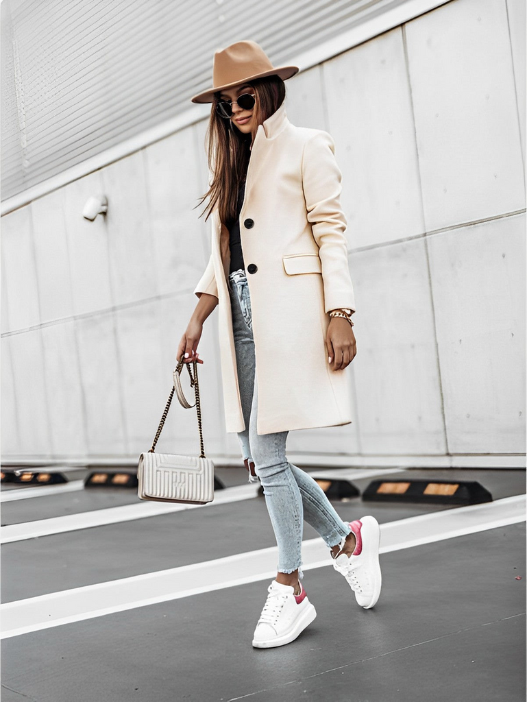 WW | Damen Schwarzer Trenchcoat Lange Jacke