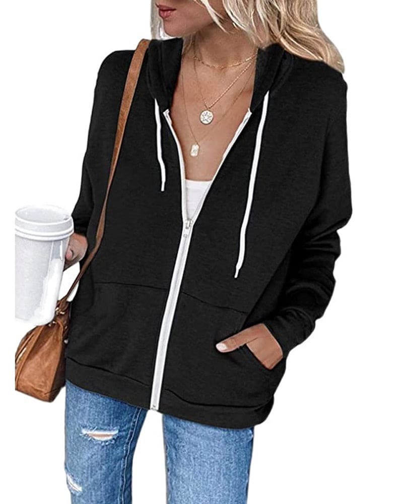 W&W Mode | Damen Schwarzer Zip-Kapuzenpulli
