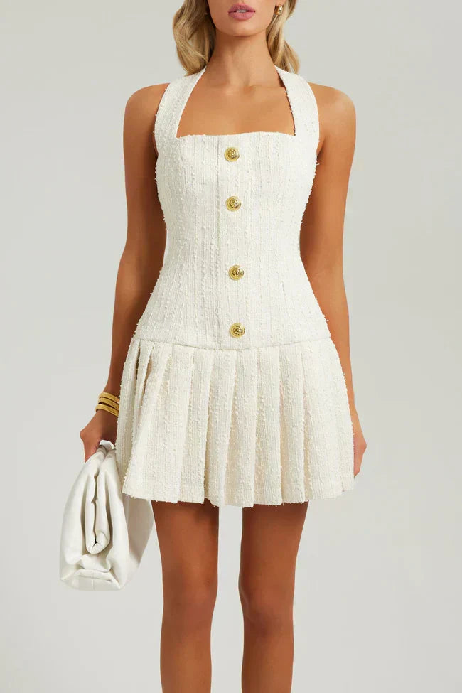 W&W Mode | Ärmelloses Mini Kleid Quadratischer Ausschnitt Strukturierter Tweed Knopf Front Elegante Passform