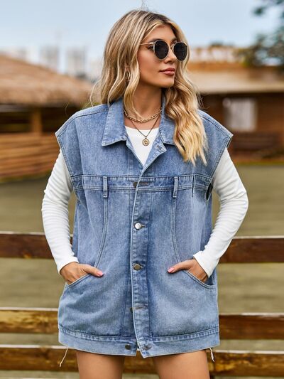 WW - knöpfbare, geknöpfte ärmellose Denim-Jacke