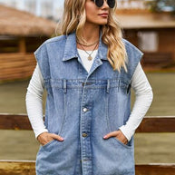 WW - knöpfbare, geknöpfte ärmellose Denim-Jacke