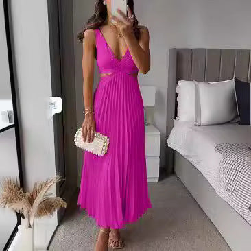 W&W Mode | Ärmelloses V-ausschnitt Kleid Mit Falten Und Offenem Rücken