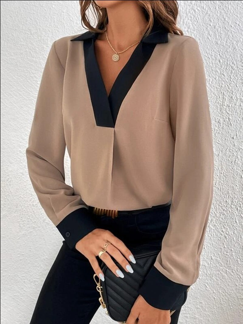 W&W Mode Damen-Shirt mit V-Kragen und Kontrastfarben