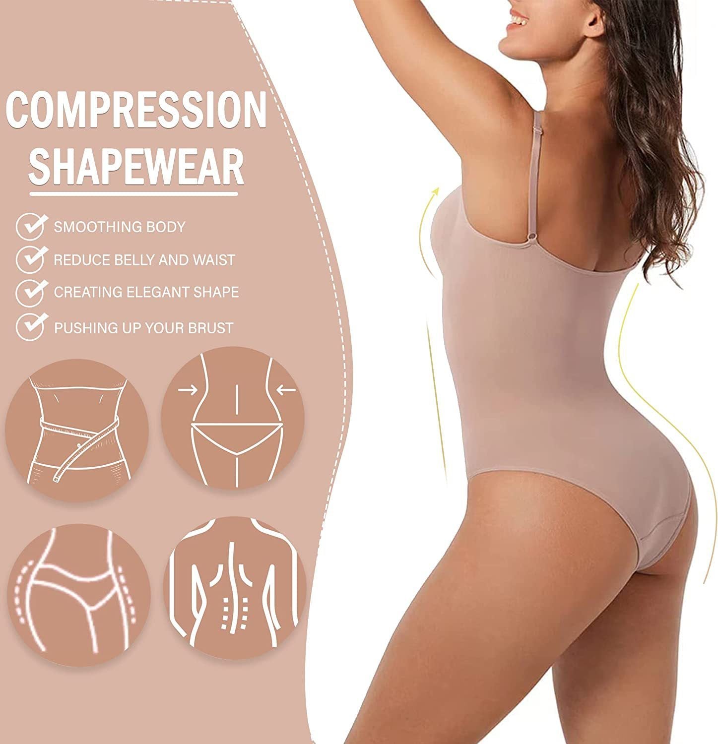 Frau trägt einen Shapewear-Bodysuit, bei dem das Kompressionsdesign für eine verbesserte Silhouette betont wird.