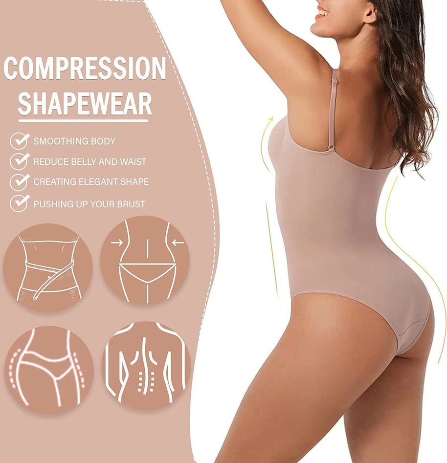 Frau trägt einen Shapewear-Bodysuit, bei dem das Kompressionsdesign für eine verbesserte Silhouette betont wird.