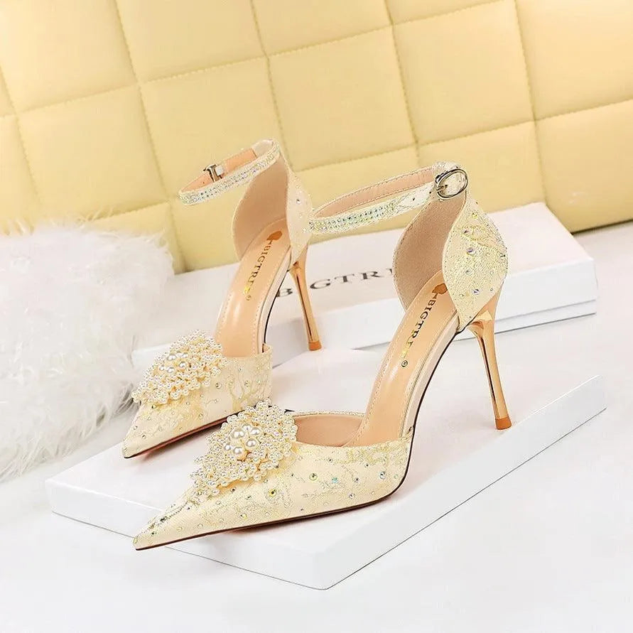 WW | Pearl and rhinestone flower peep-toe sandals with high heels