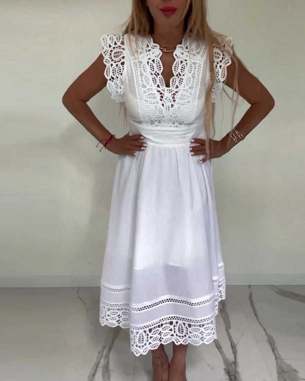 WW | Elegantes Ärmelloses Kleid aus Einfarbiger Spitze mit V-Ausschnitt
