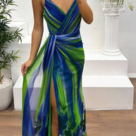 WW | In A Dreamland Chiffon Floral Print Off Shoulder Pleated Scarf Slit Maxi Kleid