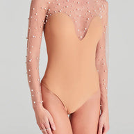 WW | Langarm Sheer Mesh Perlen Bodysuit