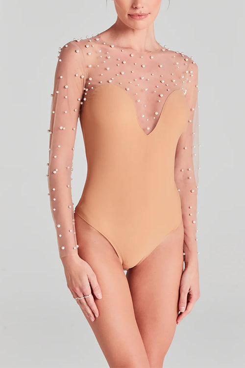 WW | Langarm Sheer Mesh Perlen Bodysuit