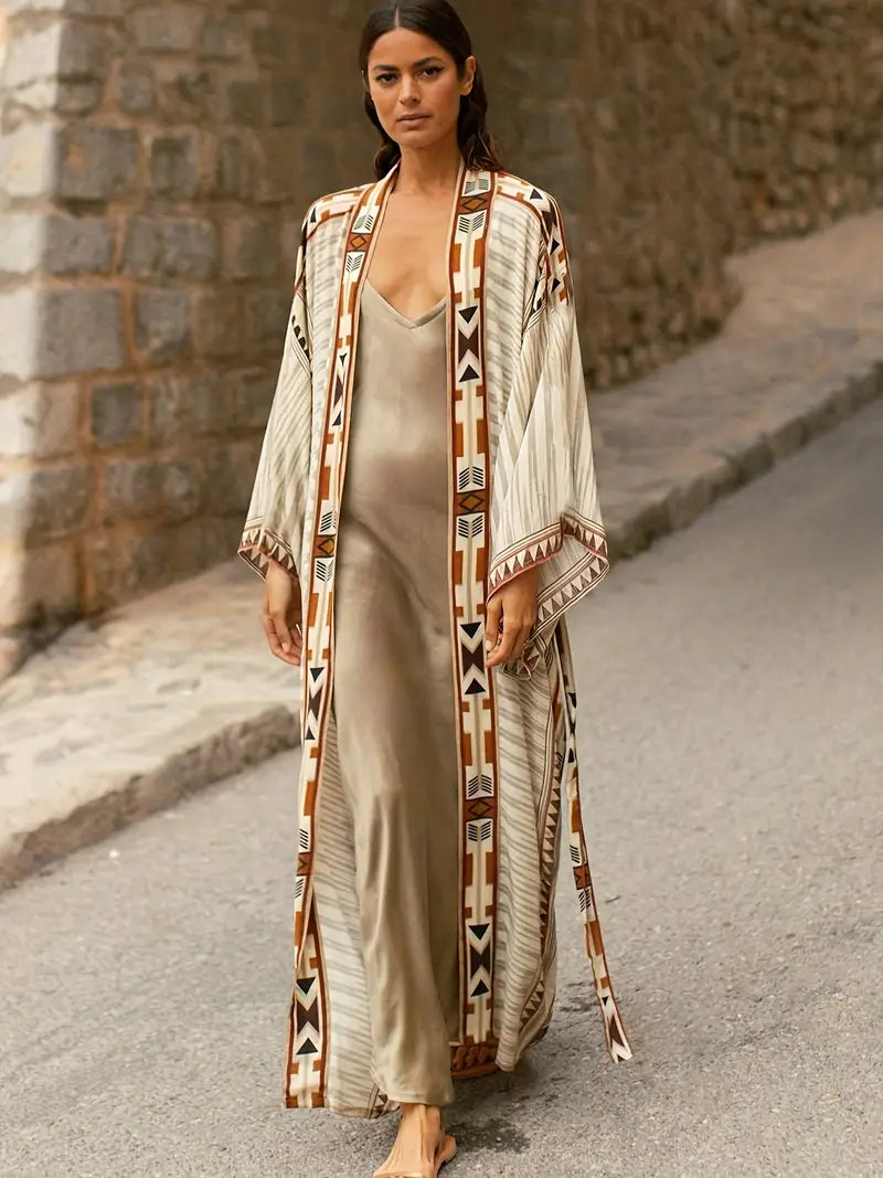 WW | Boho Plus Size Kimono mit Bindegürtel Maxi Tunika