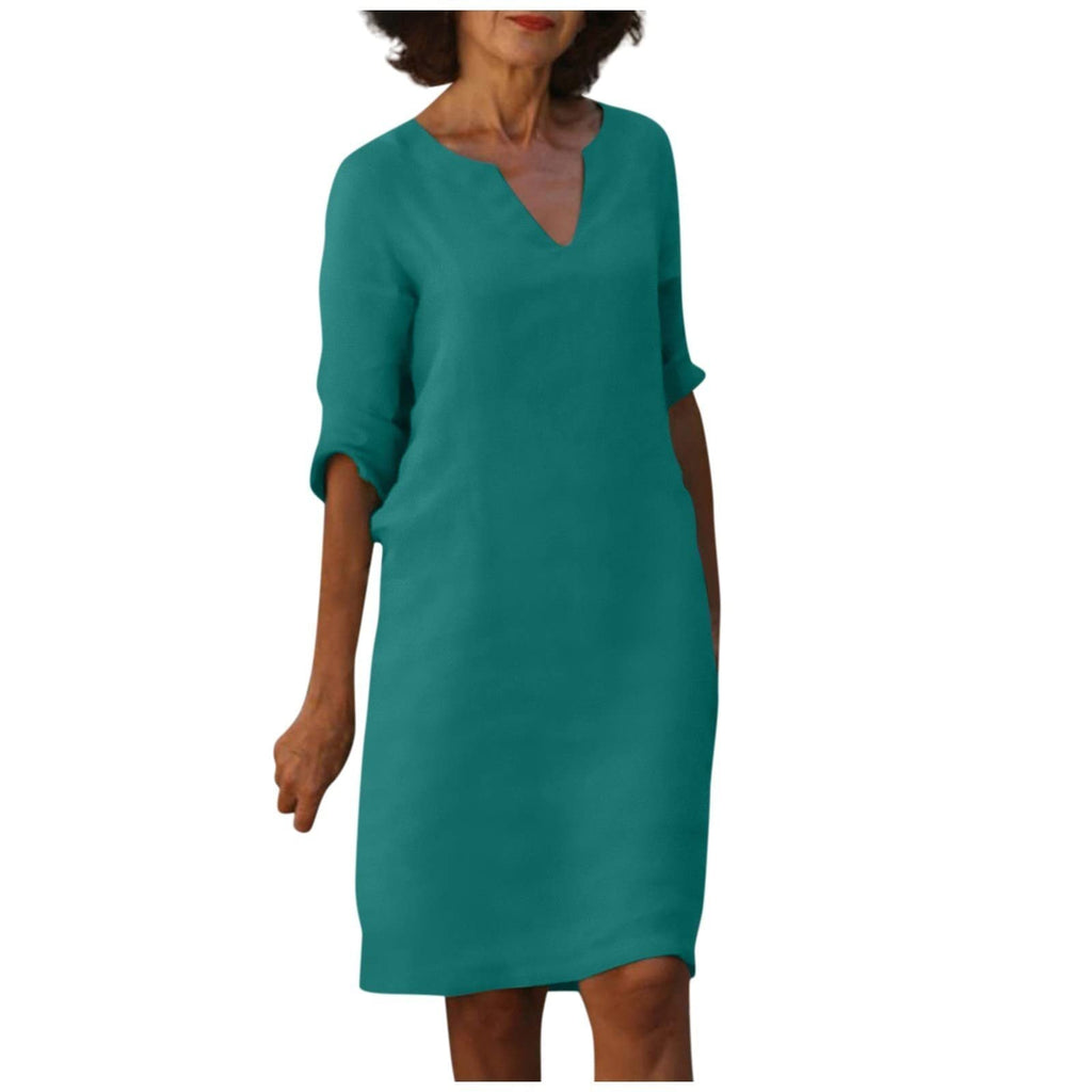 WW | Baumwolle und Leinen V-Ausschnitt Kleid Sommer Nähen Retro Hohe Taille Einfarbige Kleider
