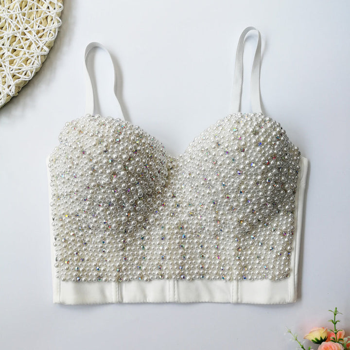 Figurformendes Damen-Bustier mit Fischgrätmuster, Perlen und Strass
