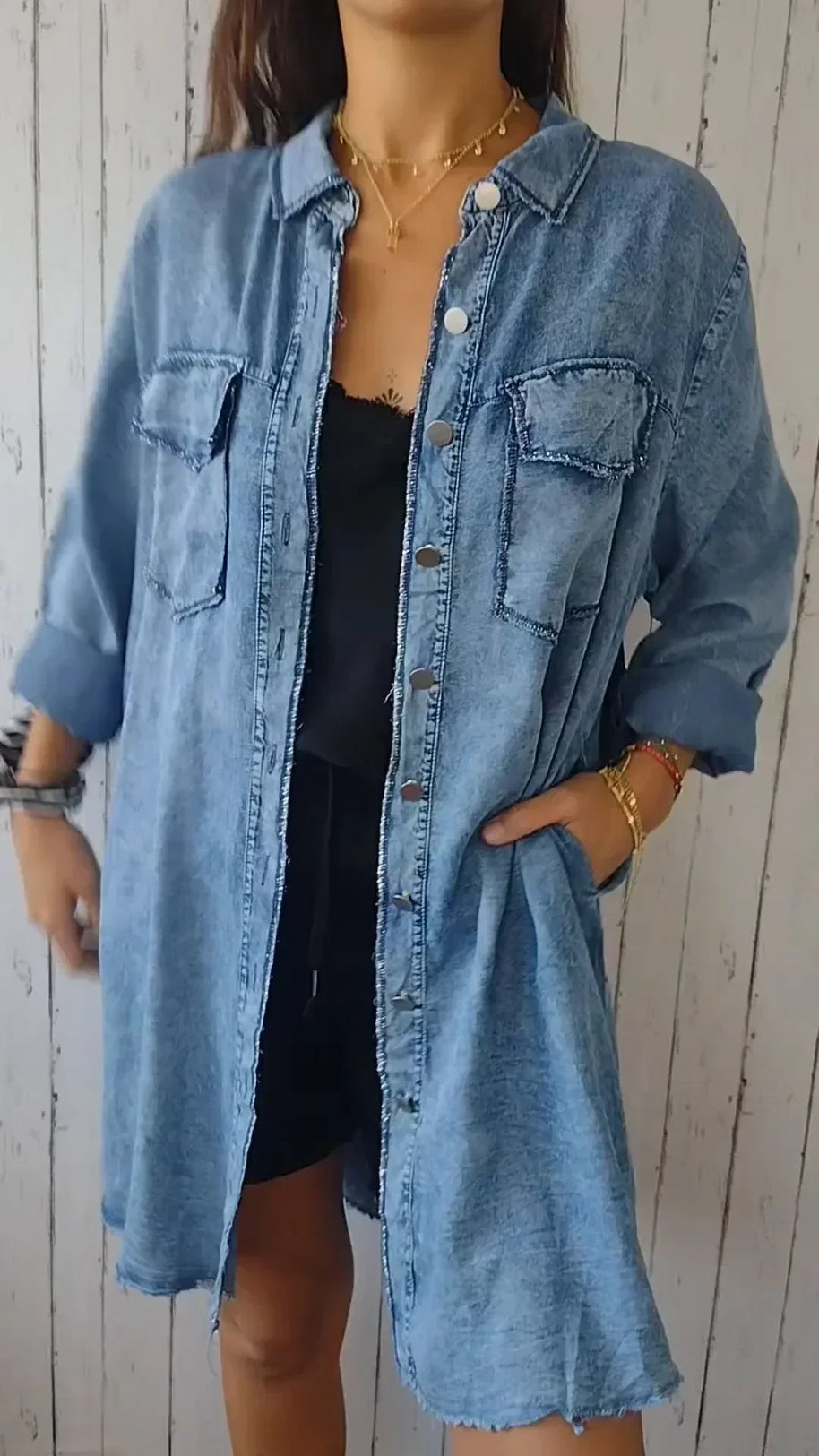 WW | Bequeme Lange Hemdbluse aus Faux-Denim