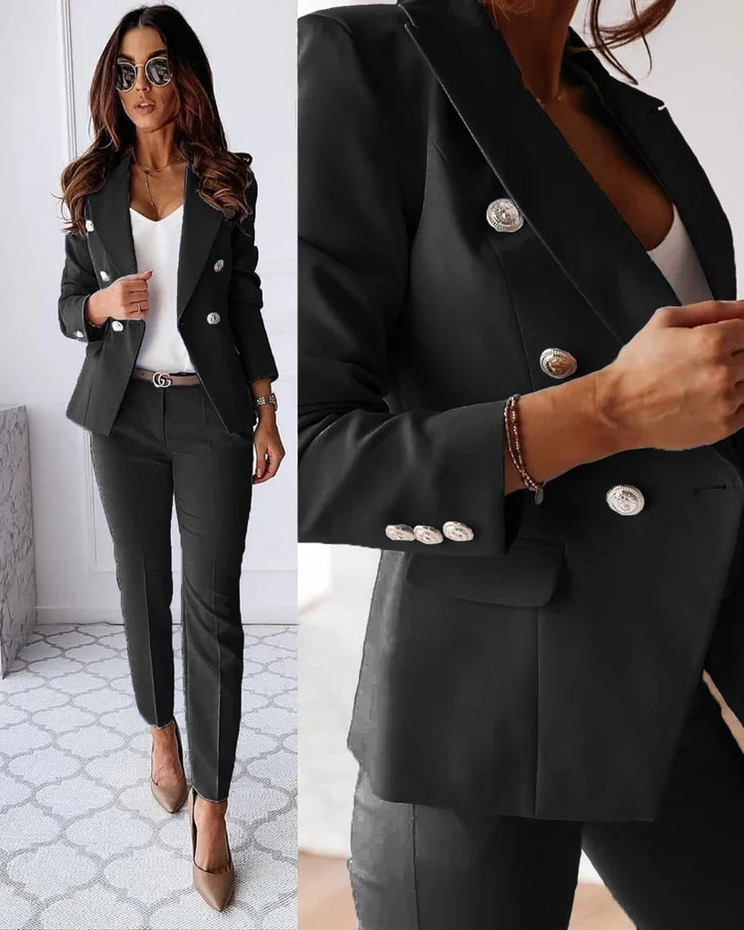 Damen elegantes Business-Anzug-Set mit doppelter Knopfleiste und schmaler Passform WW