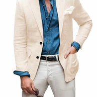 WW | Herren Leinen Blazer Strand Hochzeit Lässig Tailored Fit Solide Farbe Einreihig Zwei Knöpfe