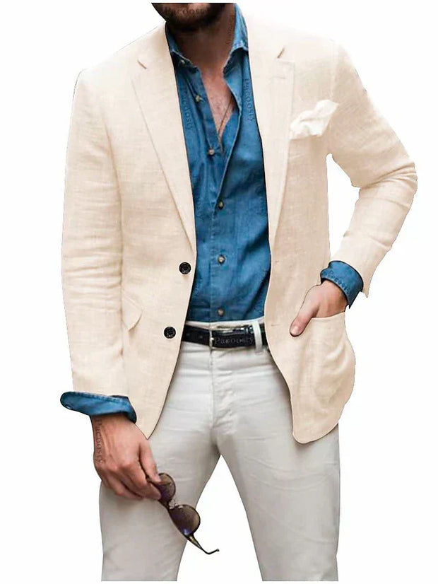 WW | Herren Leinen Blazer Strand Hochzeit Lässig Tailored Fit Solide Farbe Einreihig Zwei Knöpfe