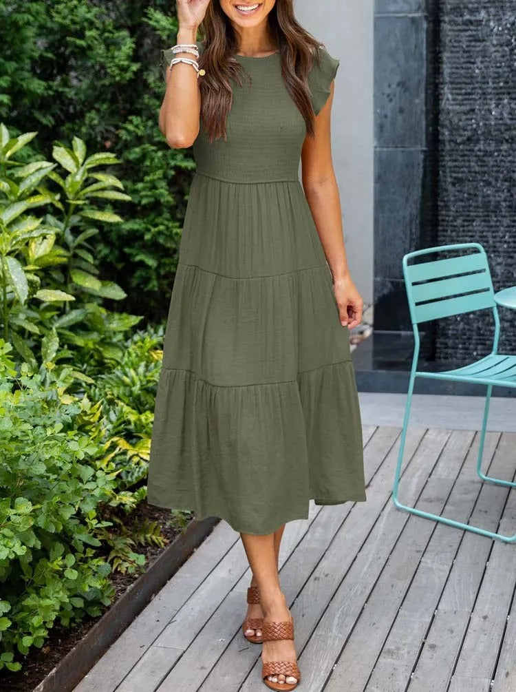 WW | Elegantes Plissiertes Lagenkleid mit Kurzen Ärmeln