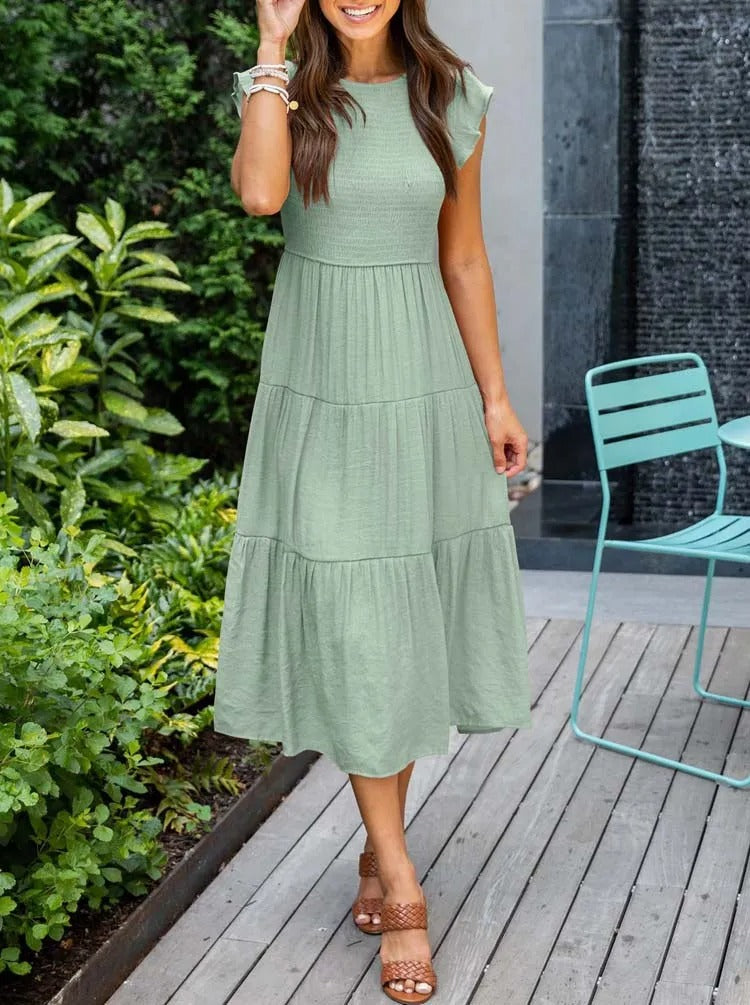 WW | Elegantes Plissiertes Lagenkleid mit Kurzen Ärmeln