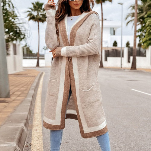 W&W Mode Cardigan | Beigefarbener langer Strickcardigan mit Kapuze