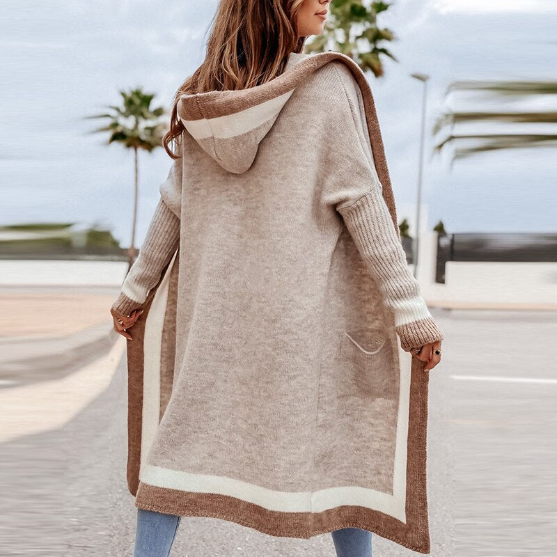 W&W Mode Cardigan | Beigefarbener langer Strickcardigan mit Kapuze