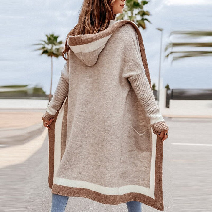 W&W Mode Cardigan | Beigefarbener langer Strickcardigan mit Kapuze