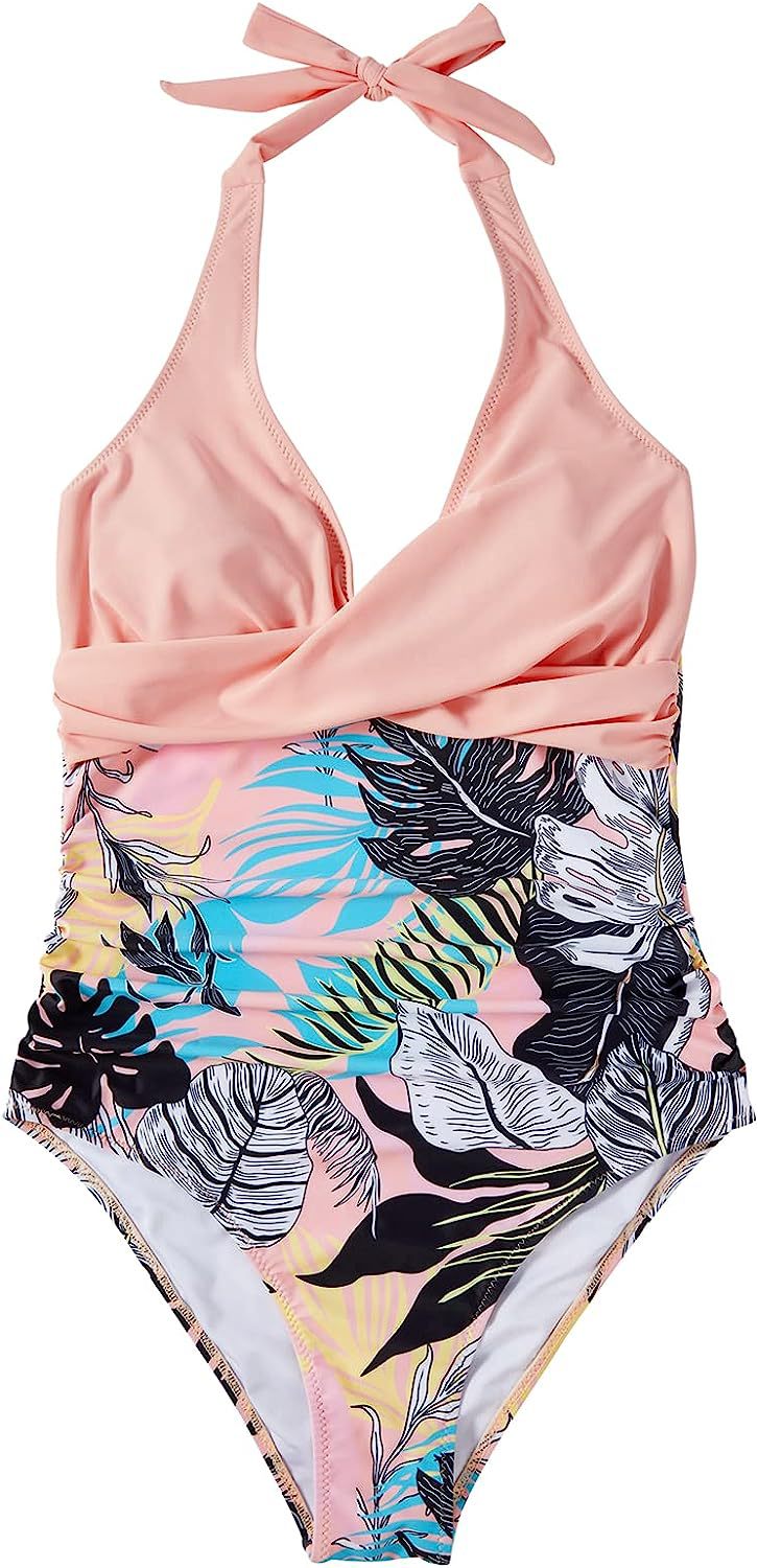 WW Neckholder-Badeanzug mit V-Ausschnitt und Aufdruck