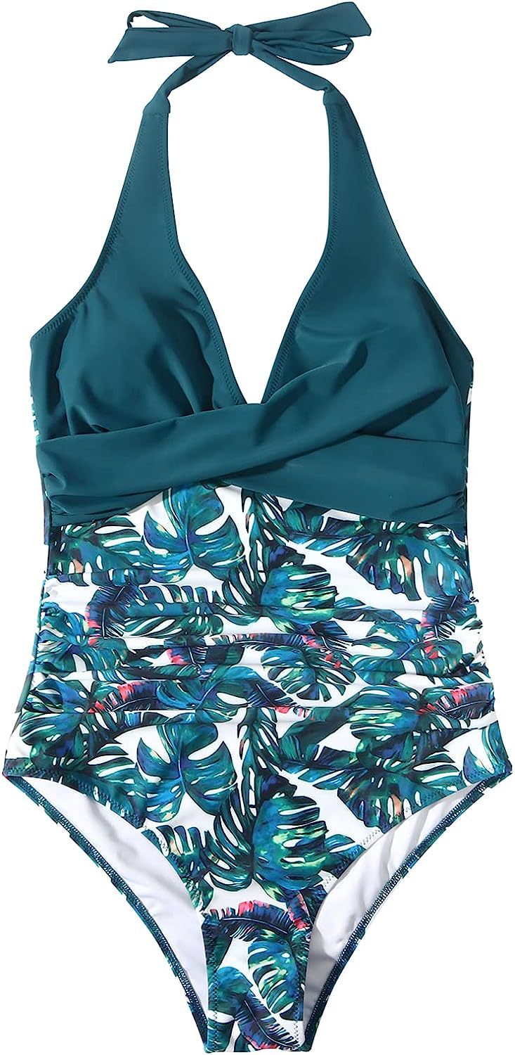 WW Neckholder-Badeanzug mit V-Ausschnitt und Aufdruck