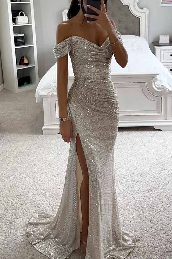 WW | Pailletten Off-Shoulder Raffung Schlitz Abend Maxi Kleid