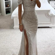 WW | Pailletten Off-Shoulder Raffung Schlitz Abend Maxi Kleid