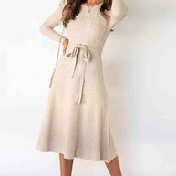 WW | Rundhalsausschnitt Langarm Knoten Taille Pullover Kleid