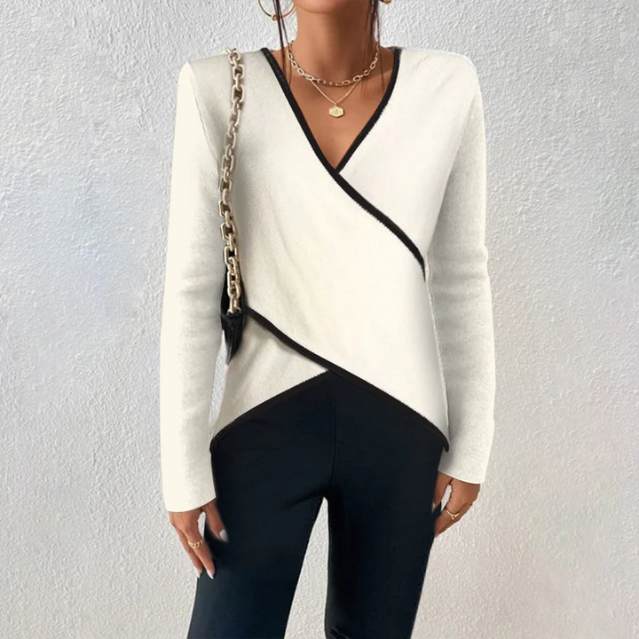 W&W Mode | Damen V-Ausschnitt Langarm Shirt mit Kreuzsaum – Stilvoll und vielseitig