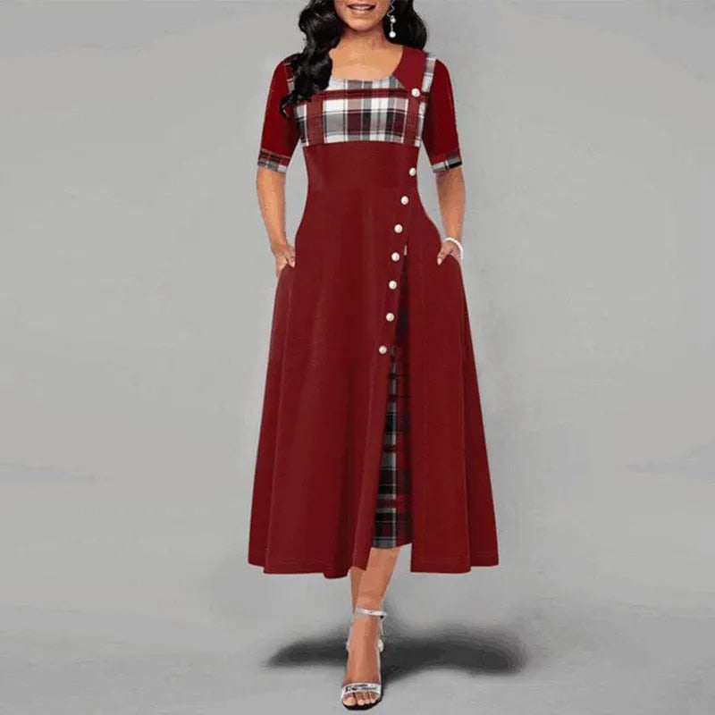 Damen kariertes Kleid mit halben Ärmeln