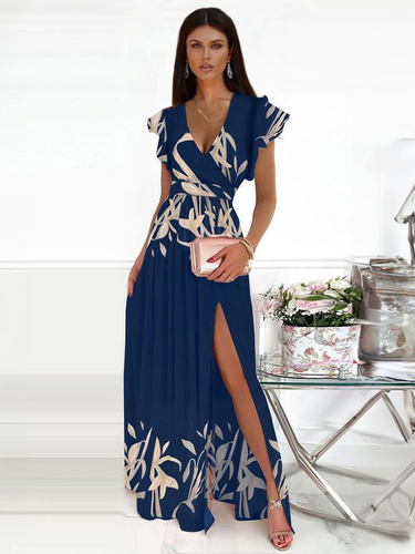WW | Maxikleid mit Spitzem Ausschnitt und Rüschensäumen